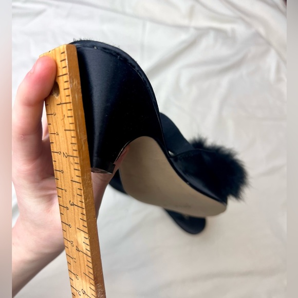 Fluffy fur pom vintage style retro black silk boudoir peep toe kitten heels - Picture 7 of 7
